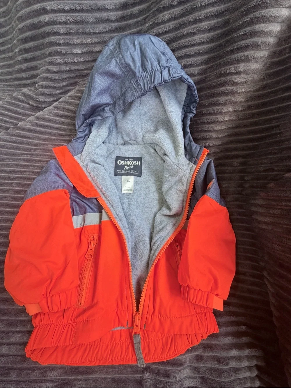 OshKosh B'gosh Orange and Heather Blue Hooded Kids Rain Jacket